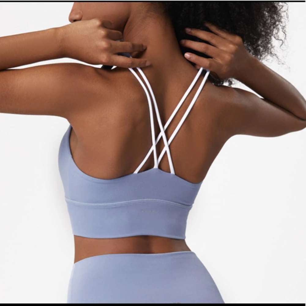 Blue strappy back sports bra